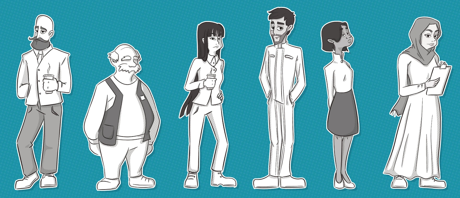 Bannière illustrée du serious game EAHR montrant des personnages dans l'univers du scénario sur la prévention des chutes de plain-pied en entreprise.