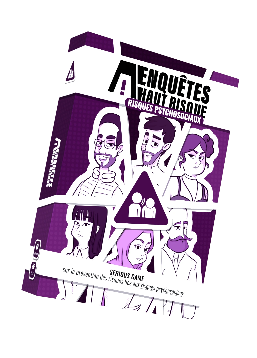 Boîte de serious game 'Enquêtes à Haut Risque' (EAHR) sur les risques psychosociaux (RPS) pour les formations santé et sécurité au travail.